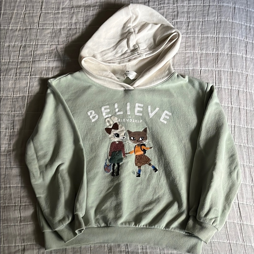 H&M Girl’s Green and Ivory Hoodie; bunny cat FRIENDSHIP graphic; nice size 6x/7